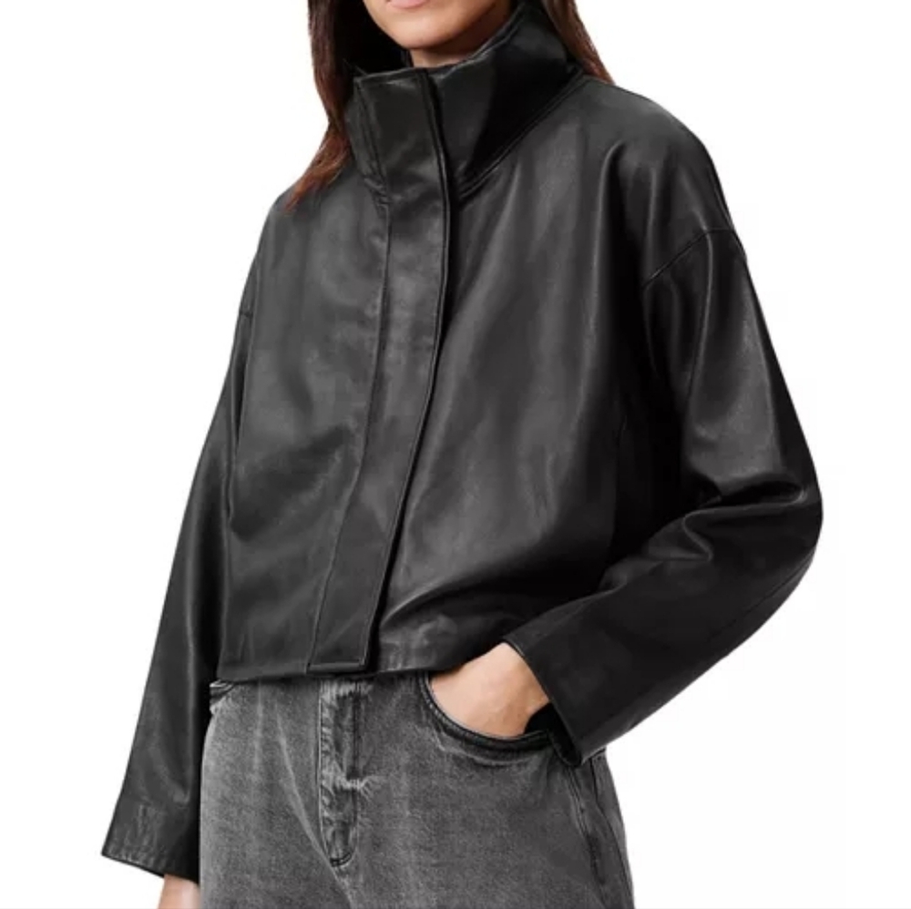 AllSaints Ryder Funnel Neck Cropped Lambskin Leather Jacket - Picture 13 of 13